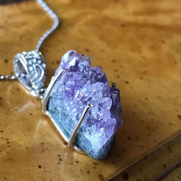 African Amethyst Geode Sterling Silver Stainless Steel Pendant Necklace - Picture 3 of 7